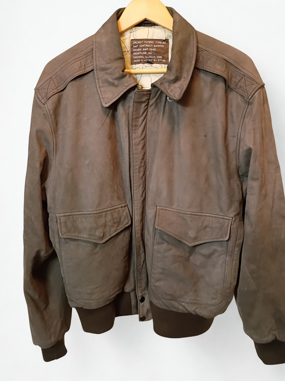 Vintage Frontline Brown Leather Bomber Jacket Size Medium World War II Style A2
